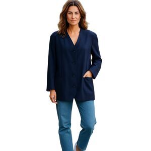 CALVIN KLEIN Size 14 Navy Blazer 100% Wool Shoulder Pads Vintage 80s USA made